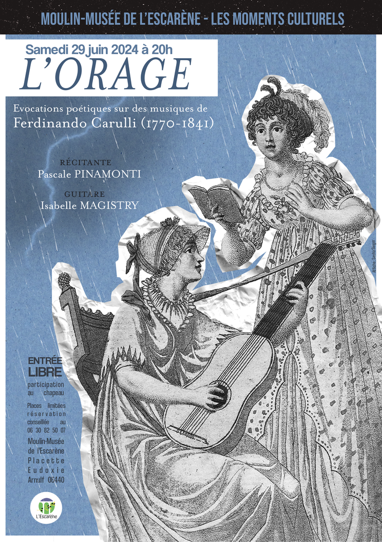 Affiche bleue, blanche et noire représentant deux personnages. L'une est assise et joue de la guitare romantique, l'autre tient un livre à la main et a la bouche ouverte. Le titre indique L'Orage - Samedi 29 juin 2024.